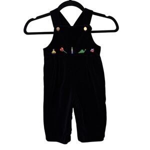 Vintage Florence Eiseman Baby Overalls‎ 24M Black Velvet Toy Embroidered Romper